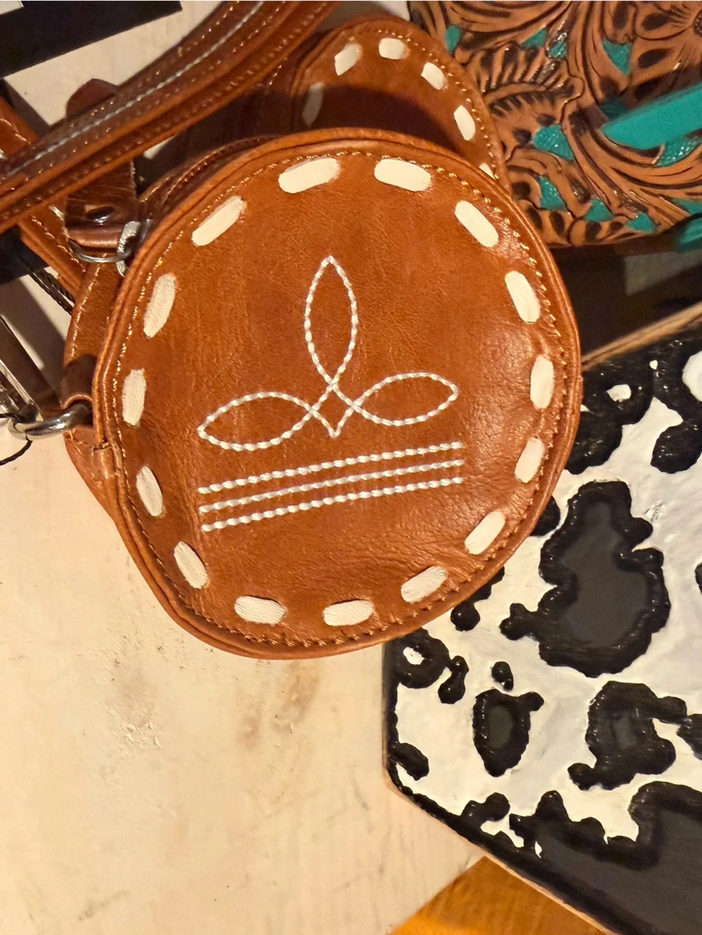 Brown Leather Round Wristlet Pouch